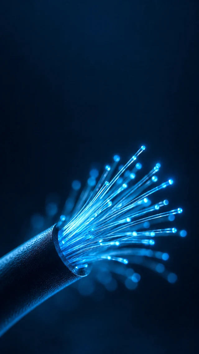 The glowing end of a fibre optic cable