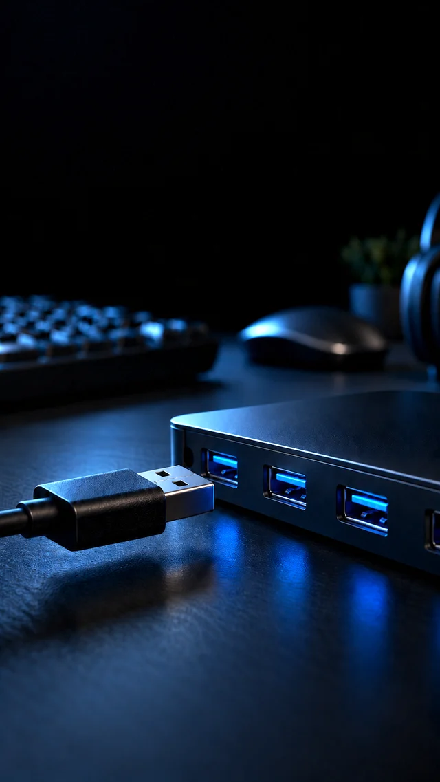 A USB cable and a hub on a dark desk